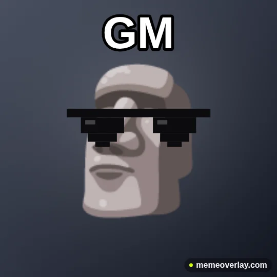 Moai emoji meme with pixel sunglasses and GM caption